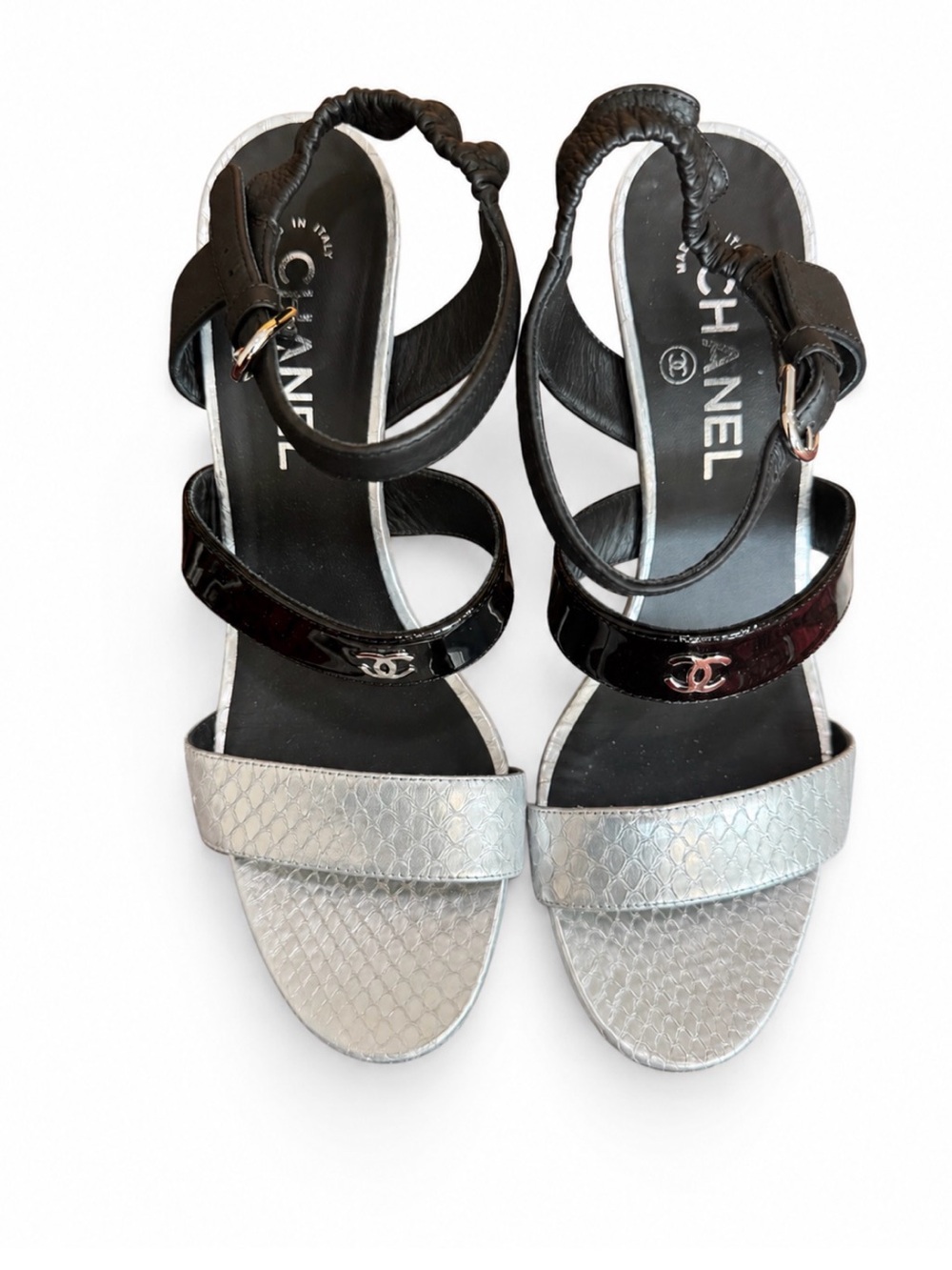 Chanel Silver Black Logo Heels 39